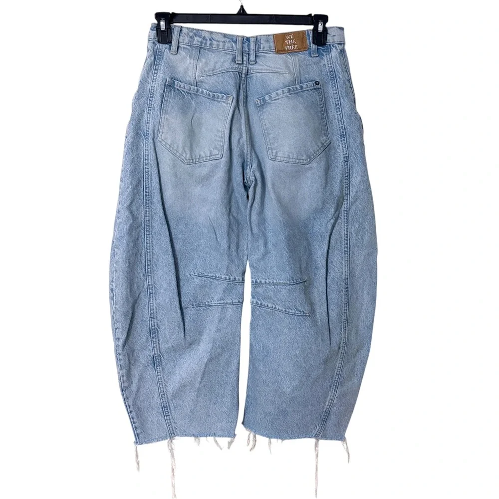 Free People Womens 26 Lucky You Mid Rise Barrel Jeans Light Wash Blue Splatter